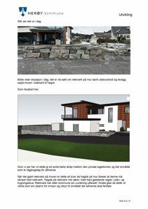 Fotografi av en eksisterende situasjon med en steinmur og en bygning i bakgrunnen.