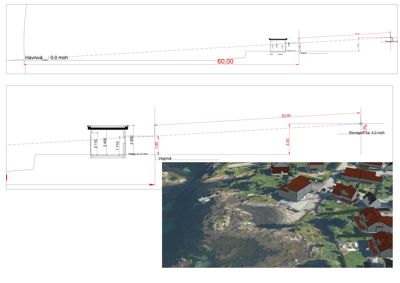 Snittegning som viser bygningens høyde i forhold til havnivå og vegnivå, samt grunnplanen under bygningen.
