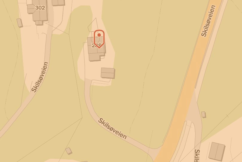 Kartutsnitt som viser eiendomsplassering (nr. 299) i forhold til Skilsøveien og nabolag.