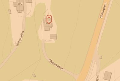 Kartutsnitt som viser eiendomsplassering (nr. 299) i forhold til Skilsøveien og nabolag.