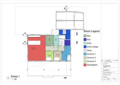 Etasjeplan for første etasje (Etasje 1) med romfordeling, arealer og en nøkkel til fargene.