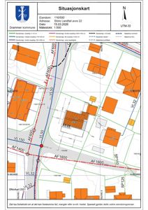 Situasjonskart som viser eiendomsgranser, bygninger og veier i Drammen kommune.