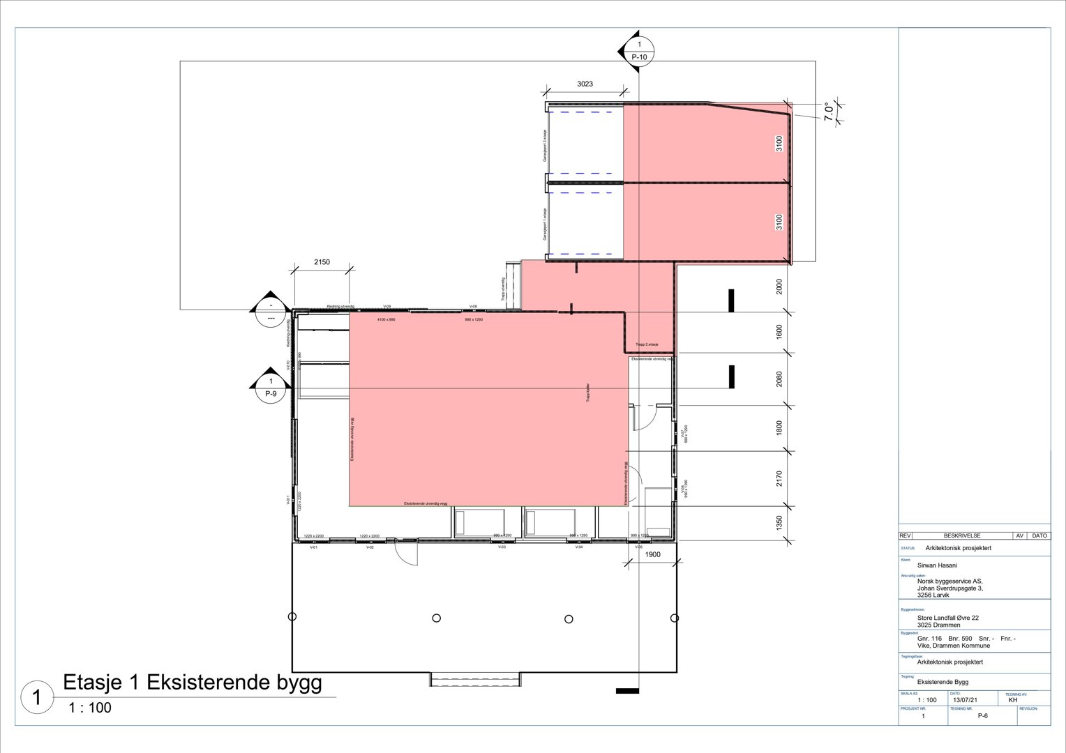 Etasjeplan for første etasje av en eksisterende bygning, som viser romfordeling, veggposisjon og dimensjoner.