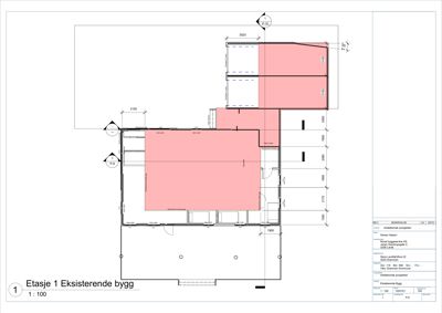 Etasjeplan for første etasje av en eksisterende bygning, som viser romfordeling, veggposisjon og dimensjoner.