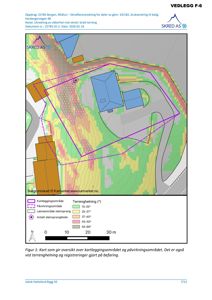 Kart som viser kartleggingsområde, påvirkningsområde, lasneområde for steinsprang og terrenghelning for et byggeområde.
