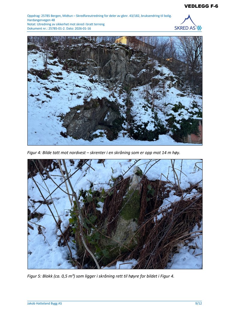 Fotografier av skredfareutredning, som viser skrenter og blokker i et snødekt terreng.