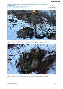 Fotografier av skredfareutredning, som viser skrenter og blokker i et snødekt terreng.