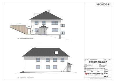 Fasadetegning som viser bygningens utseende fra sør og vest med situasjonsplan.