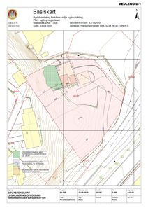 Situasjonsplan som viser tomtens beliggenhet, grenser, høydemålerlinjer og arealoppdeling.