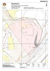 Situasjonsplan (Basiskart) som viser tomtens grenser, høydemålerlinjer, nabobebyggelse og reguleringsgrenser for Hardangervegen 48.