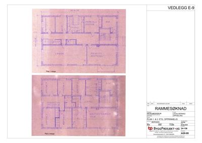 Bildet viser to opprinnelige etasjeplaner (Plan 1 etasje og Plan 2 etasje) for en bygning i Rammesøknad.