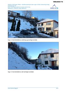 Fotografier av et boligområde med snødekke, inkludert skråninger og parkerte biler.