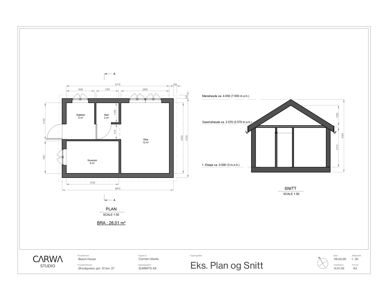 Bildet viser en tegning med etasjeplan (PLAN) og et snitt (SNITT) av en bygning.
