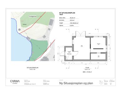 Bildet viser en tegning med to deler: en situasjonsplan (venstre) som viser tomtegrenser og nabolag, og en etasjeplan (høyre) som viser romfordeling. Tittelen bekrefter at det er en 'Ny Situasjonplan og plan'.