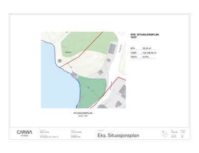 Situasjonsplan som viser tomtens beliggenhet, grenser, omgivende arealer og bygninger.