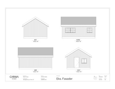 Fasadetegning som viser oppriss av bygningens fire sider (Øst, Nord, Sør, Vest) med takform, vinduer og dører.