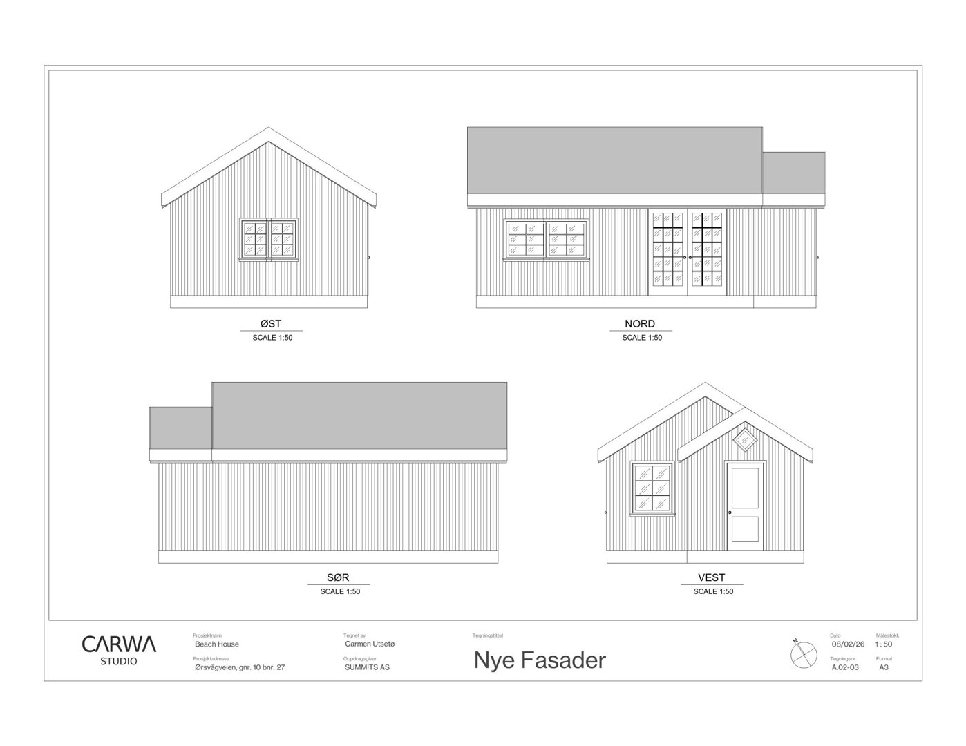 Fasadetegning som viser utsiden av en bygning fra alle fire sider (Øst, Nord, Sør, Vest).