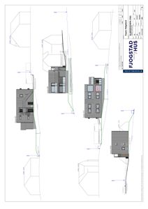 Fasadetegning som viser bygningens utseende fra ulike vinkler (Nord, Vest, Sør, Øst) med mål og detaljer.