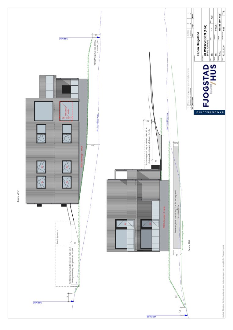 Fasadetegning som viser bygningens utseende fra fronten, inkludert vinduer, takform og terrengforhold.