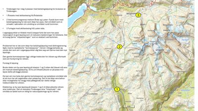 Kart over et område med topografi, vegnett og geografiske navn, med nummererte punkter som refererer til teksten.
