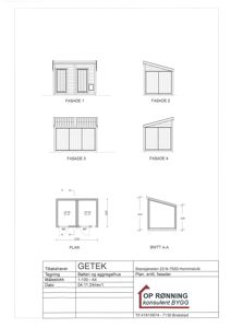 Tegning som viser fire ulike fasader (Fasade 1-4) og en plan/snitt for et batteri og aggregathus.