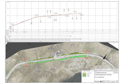 Kart med profilering over et veiarbeid (utbedring betongstasjon) med topografisk bakgrunn og tekniske data.