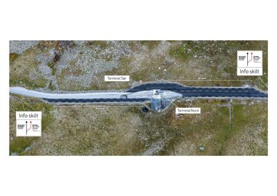 Luftfoto (dronebilde) av en vei med to terminaler (Terminal Sør og Terminal Nord) og plassering av info-skilt.