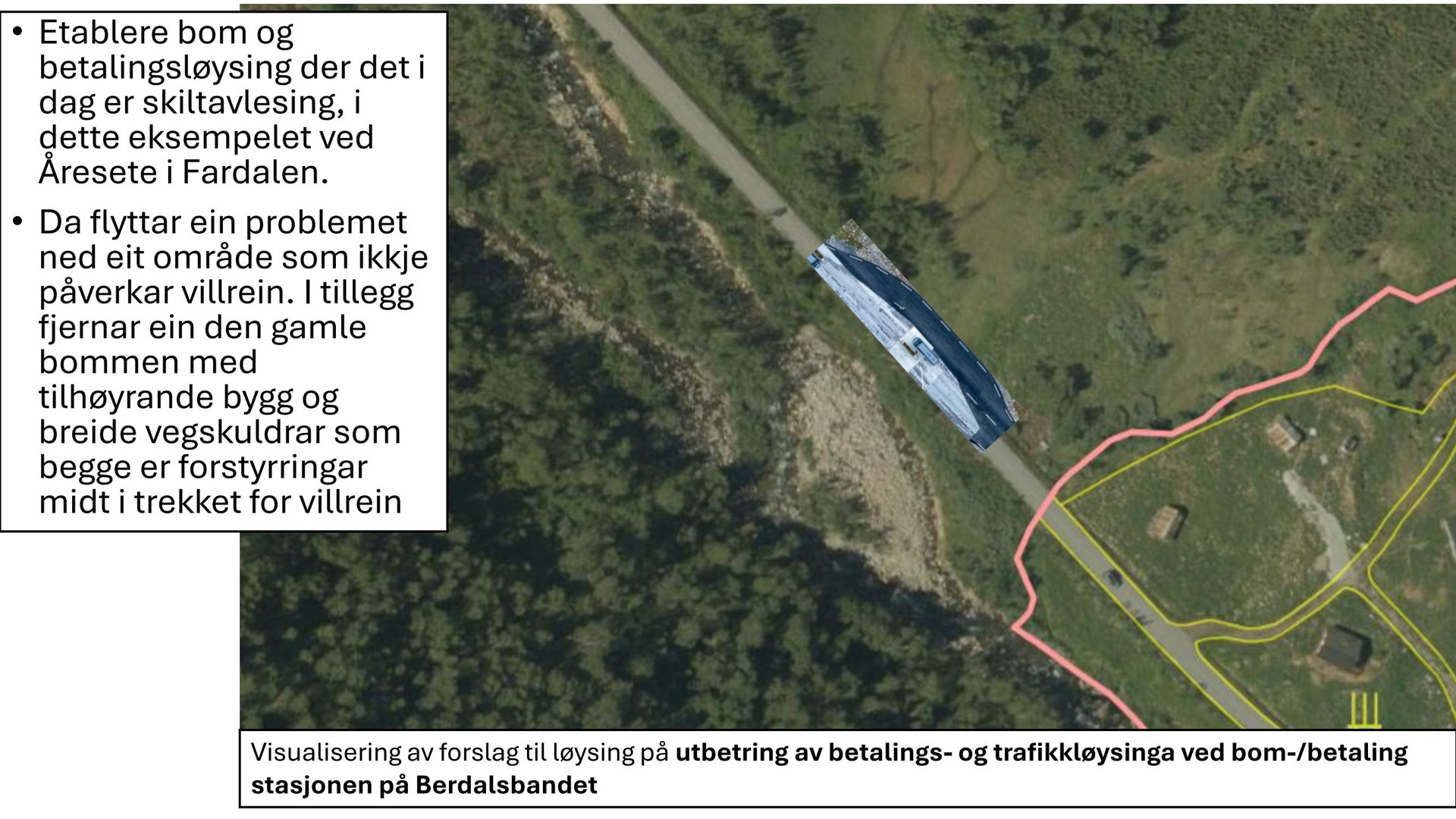 3D-visualisering av et forslag til utbetring av betalings- og trafikkkløysinga ved bom-/betaling stasjonen på Berdalsbandet, overlagt på et flyfoto.