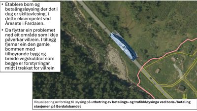 3D-visualisering av et forslag til utbetring av betalings- og trafikkkløysinga ved bom-/betaling stasjonen på Berdalsbandet, overlagt på et flyfoto.