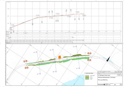 Situasjonsplan og profilering for utbedring av betongstasjon Tindevegen, med topografi, vegforløp og terrengforhold.