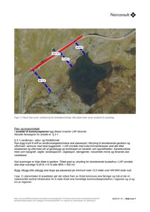 Et flyfoto eller kart som viser et landbruksområde med overlagte linjer som illustrerer utstrekning av areal og avstand til vassdrag.