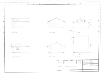 Et snittplan som viser fasader og tverrsnitt av en garasje.