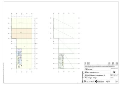 Etasjeplan (skisseprosjekt) som viser romfordeling og veggkonstruksjoner for etasje 1 og 2.