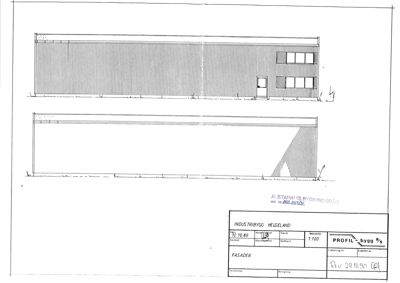 Fasadetegning som viser front- og sideutsikt av en bygning.