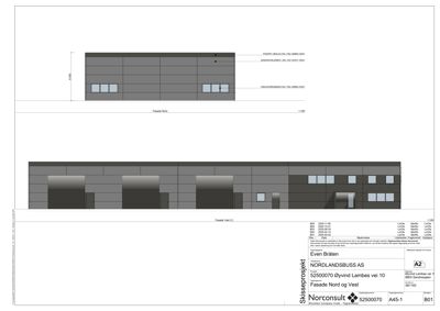 Fasadetegning som viser bygningens utseende sett fra nord og vest, med detaljer om vinduer og fasadepaneler.