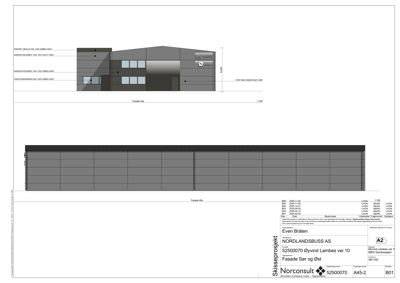 Fasadetegning av en bygning sett fra sør og øst, med mål og detaljer.