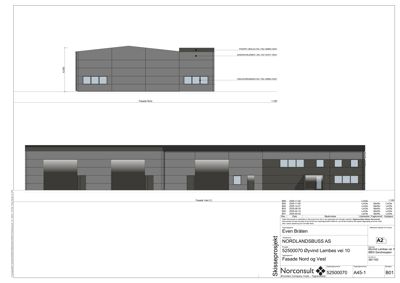 Fasadetegning av en bygning sett fra nord og vest, med detaljer om materialer og mål.