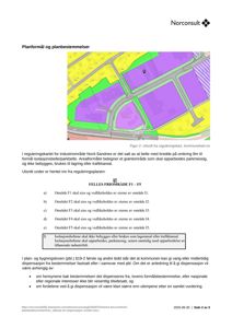 Bildet viser en side fra et dokument som inneholder tekst om planformål og planbestemmelser, samt et utsnitt fra et reguleringskart (situasjonsplan) over et industriområde.