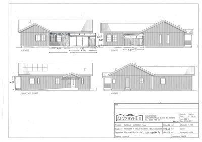 Fasadetegning som viser bygningens utseende fra fire ulike vinkler (Nordvest, Sydvest, Fasad mot sydvest og Nordøst) med mål og detaljer.