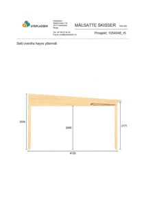 Tegning som viser mål og vinkel for en utvendig takkonstruksjon sett ovenfra.