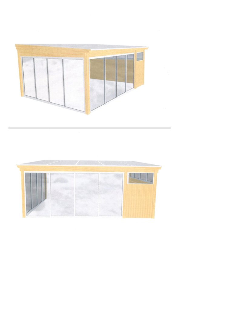 3D-visualisering av en bygning sett fra to ulike vinkler (en skråside og en frontside).