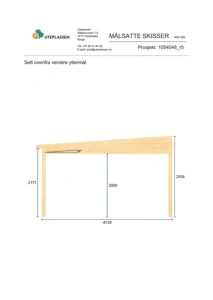 Tegning som viser mål og vinkler for en skråtakkonstruksjon (sett ovenfra venstre yttermål).