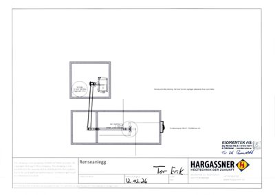 Teknisk tegning som viser et røranlegg (Renseanlegg) med dimensjoner og komponenter.