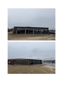 Fotografier av en ferdig eller nesten ferdig bygning sett fra utsiden. Bildene viser fasaden og situasjonen rundt bygningen.