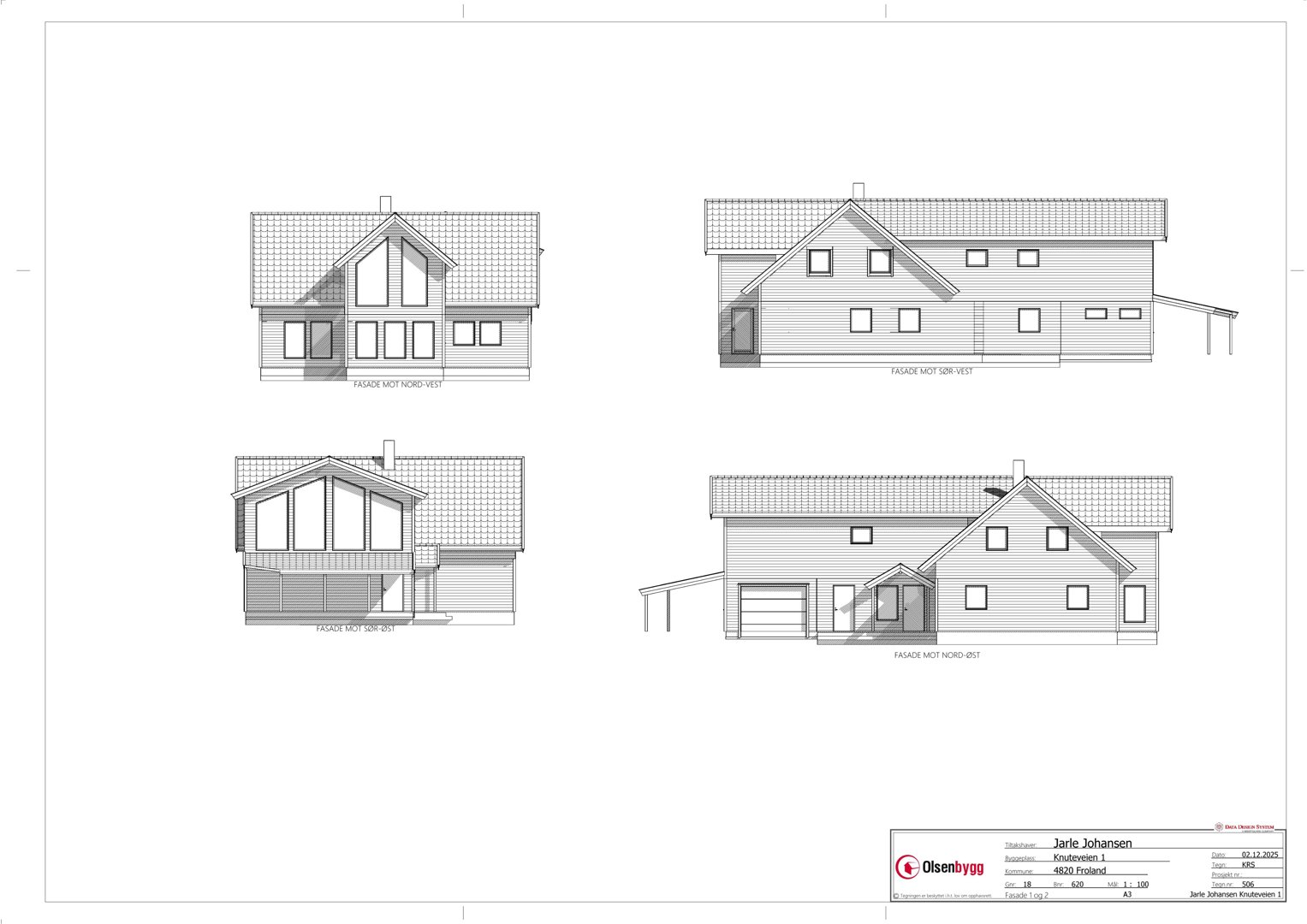Fasadetegning som viser fire utsnitt av bygningens ytre fasade med angitte retninger (Nord, Vest, Sør, Øst).