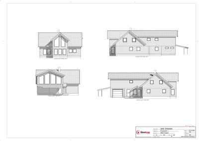 Fasadetegning som viser fire utsnitt av bygningens ytre fasade med angitte retninger (Nord, Vest, Sør, Øst).