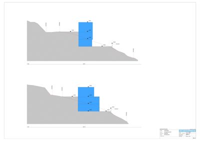 Snittegning som viser bygningens høydeprofil i forhold til terrenget (topografi) og grunnvannsnivå.