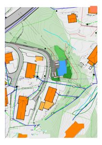 Situasjonsplan som viser tomtens beliggenhet i forhold til nabolag, vei, terrengforhold (konturlinjer) og planlagte bygninger.