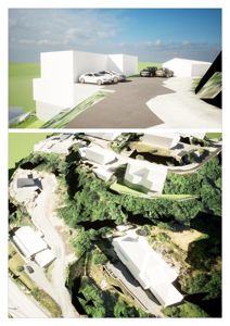 3D-visualisering av et nytt byggprosjekt med omgivende natur og parkeringsområde