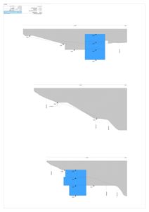 Snittegning som viser bygningens høydeprofil i forhold til terrenget på ulike steder (A, B og C).
